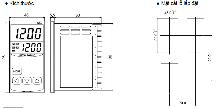 Kích thước và mặt cắt bảng điều khiển Bộ điều khiển nhiệt độ Hanyoung AX2