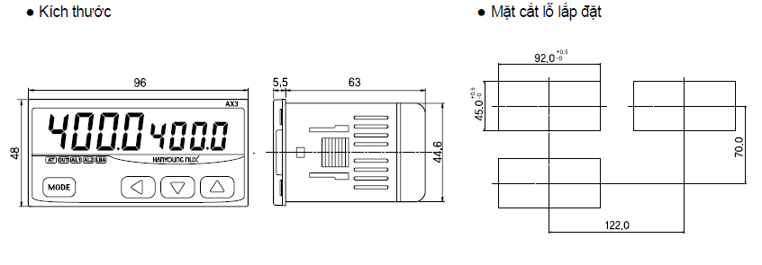 Kích thước và mặt cắt bảng điều khiển Bộ điều khiển nhiệt độ Hanyoung AX3
