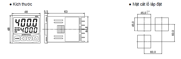 Kích thước và mặt cắt bảng điều khiển Bộ điều khiển nhiệt độ Hanyoung AX4