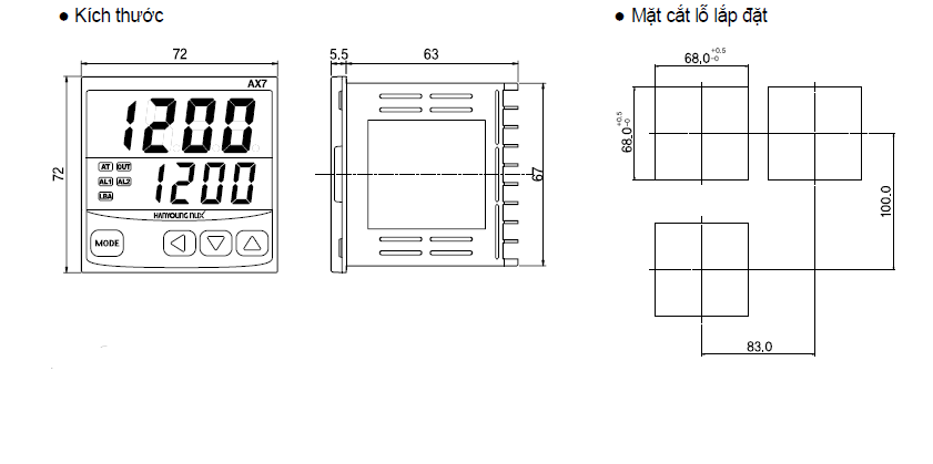 Kích thước và mặt cắt bảng điều khiển Bộ điều khiển nhiệt độ Hanyoung AX7