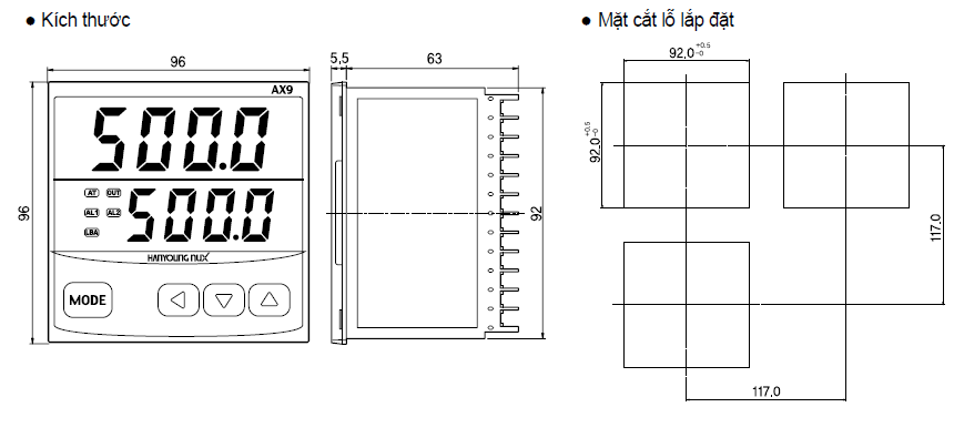 Kích thước và mặt cắt bảng điều khiển Bộ điều khiển nhiệt độ Hanyoung AX9