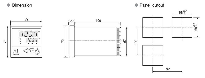 Kích thước và mặt cắt bảng điều khiển Bộ điều khiển nhiệt độ Hanyoung NX7