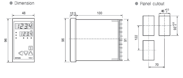 Kích thước và mặt cắt bảng điều khiển bộ điều khiển nhiệt độ Hanyoung NX2