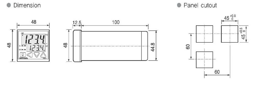 Kích thước và mặt cắt bảng điều khiển bộ điều khiển nhiệt độ Hanyoung NX4