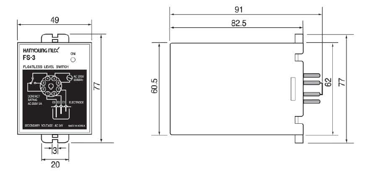 Kích thước và mặt cắt bảng điều khiển Bộ điều khiển mực nước Hanyoung FS-3A