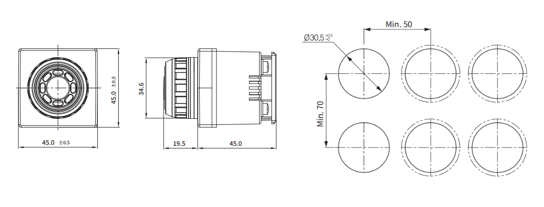 Kích thước và mặt cắt bảng điều khiển Còi báo Hanyoung HY-306-1