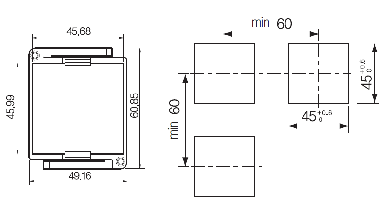 Kích thước và mặt cắt bảng điều khiển Bộ định thời Hanyoung T48N.