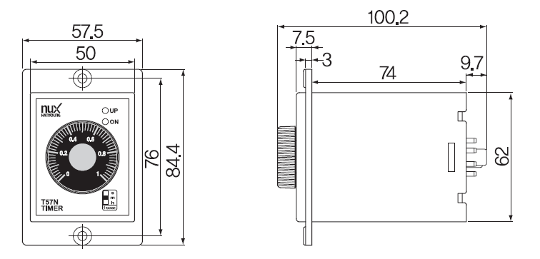 Kích thước và mặt cắt bảng điều khiển Bộ định thời Hanyoung T57NP